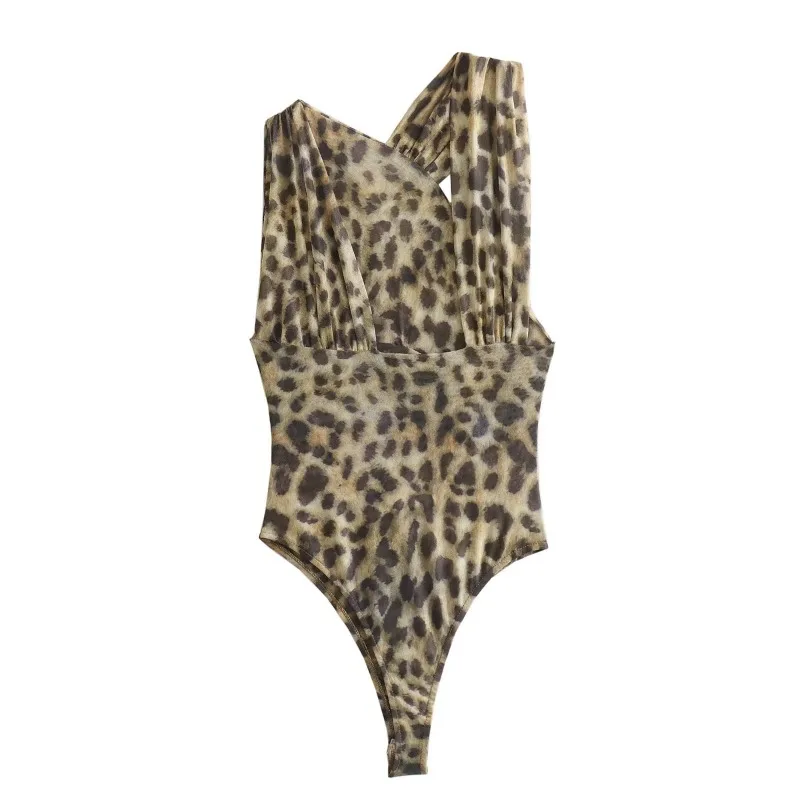 Women's Vintage Irregular Leopard Bodysuits, Ladies Holiday Slim Bodysuit, Female Chic Clothes, 2024