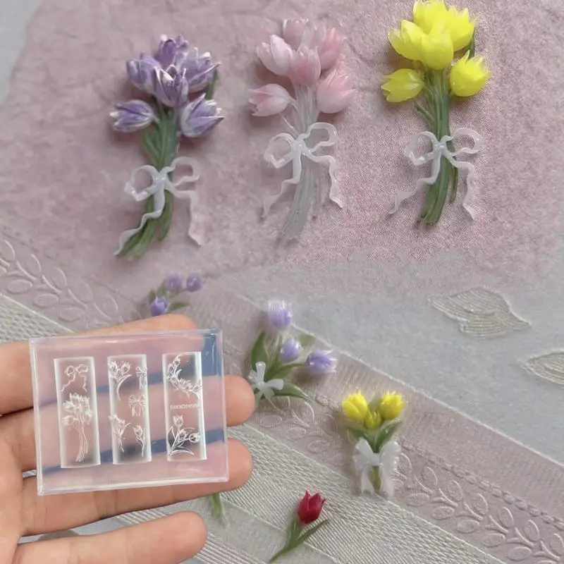 3D 실리콘 네일 몰드 달콤한 꽃 튤립 부케 투명 DIY 네일 아트 장식 매니큐어 템플릿 네일 참용