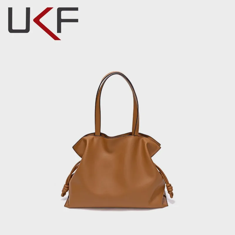 

UKF Women Leather Totes Bag Calfskin Bucket Bag Pure Color Luxury Designer Real Leather Shoulder Bags For Women Bolsa Hobos