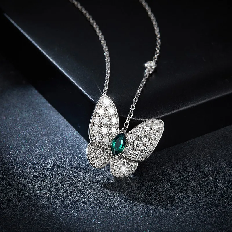 Follow Cloud Butterfly Moissanite Necklace for Woman 3*6mm Emerald Gemstone Wedding Fine Jewely 925 Sterling Sliver Neck Chain