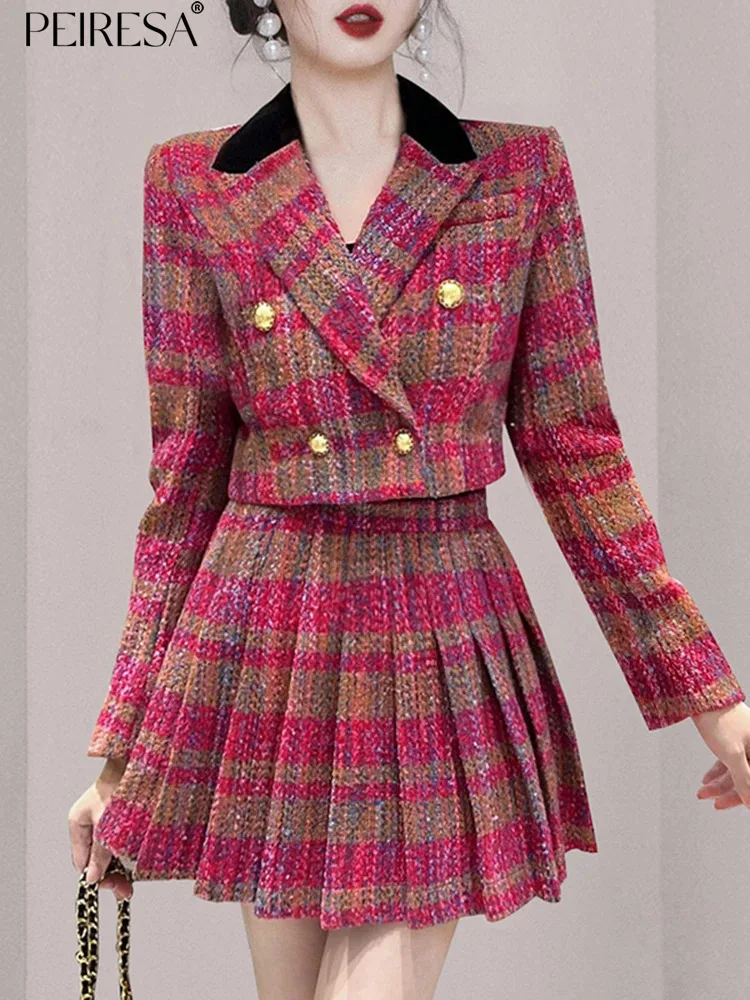 

PEIRESA Color Block Plaid 2 Piece Sets Women Outfit 2023 Autumn Winter New Lapel Long Sleeve Short Jacket + Pleated Mini Skirt