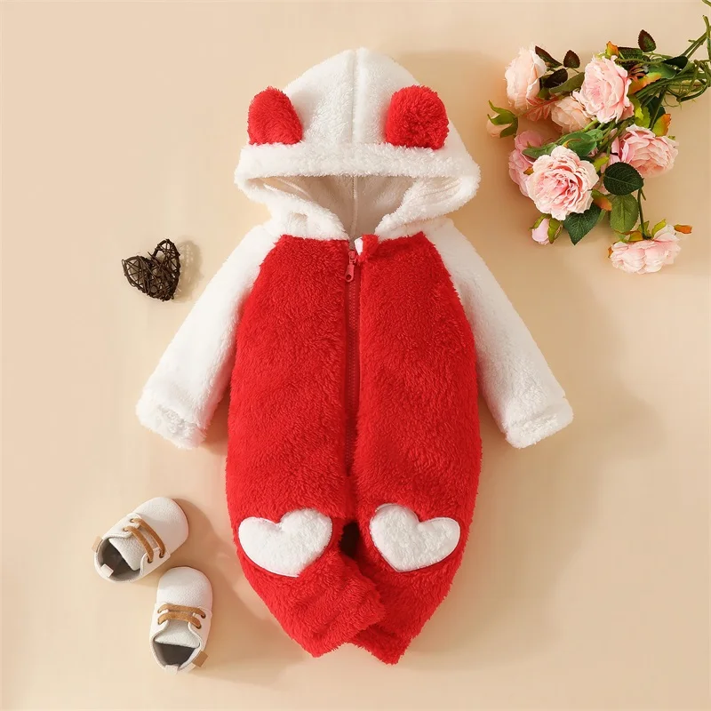 

Winter Baby Girls Hooded Jumpsuit Infant Fuzzy Heart Pattern Zipper Long Sleeve Thicken Romper Cute Newborn Clothes For 0-18M