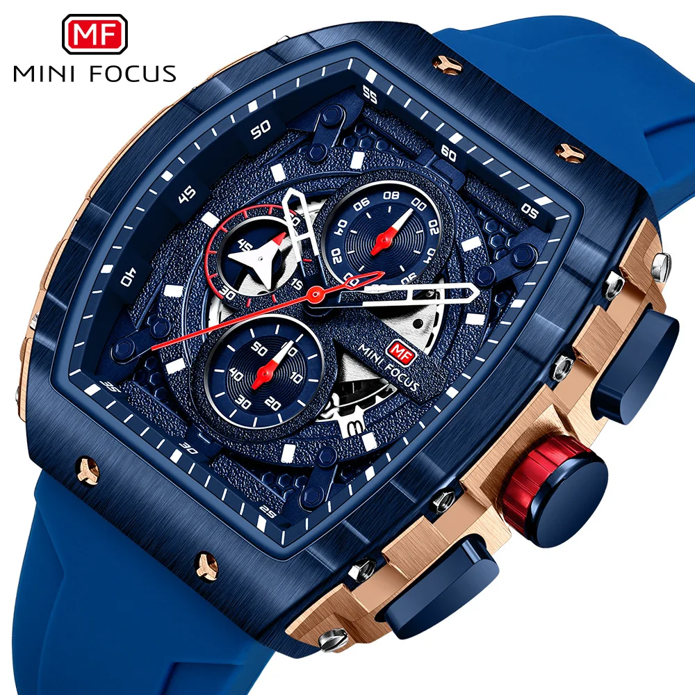 

MINI FOCUS 0399G Men Quartz Watch Creative Unique Outdoors Sports Chronograph Date Silicone Strap Barrel Shape Male Watches