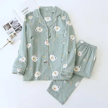 

Ladies Pajamas Set Spring New Cotton Cartoon Bear Printed Pyjamas Women 2Pcs Turn-down Neck Shirt+Pants Comfort Nature Sleepwear