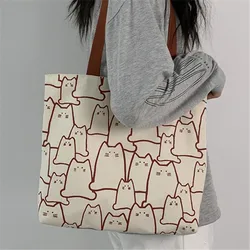 Chic Cat Design Canvas Tote Bag for Women - Fashionable Zippered Shoulder Shopper (Beige)