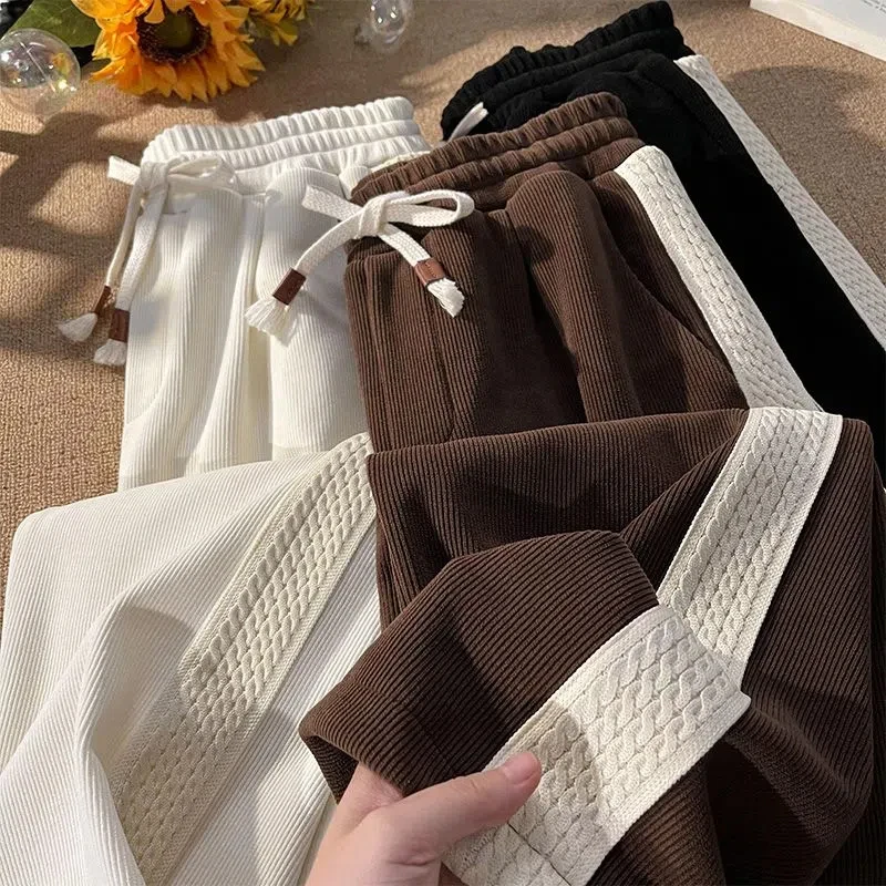 

American High Street Contrast Casual Sports Pants Women's Size Spring and Autumn New Ins Fashion Loose Corduroy Wide Leg