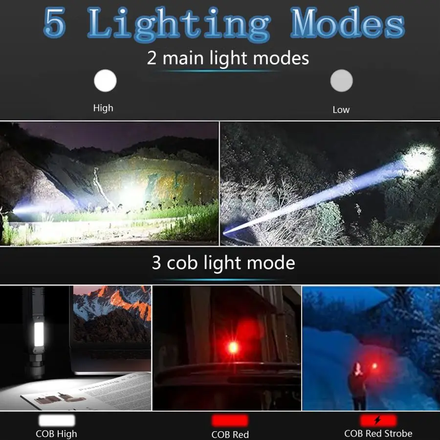강력한 LED 손전등, 90 도 트위스트 로터리 클립, 충전식 작업 조명, 5 가지 모드, 전술 손전등, 매우 밝은 토치