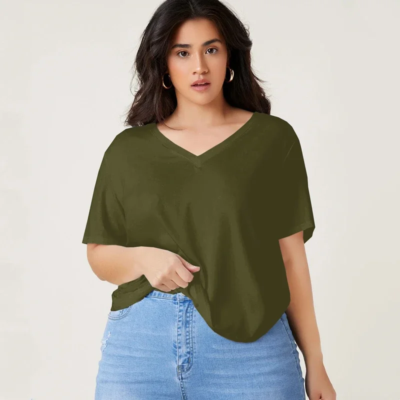 

Plus Size V-neck Short Sleeve Summer Casual Top Women Drop Shoulder Loose Oversize Solid Basic T-shirt Tee Large Size 5XL 6XL 7X