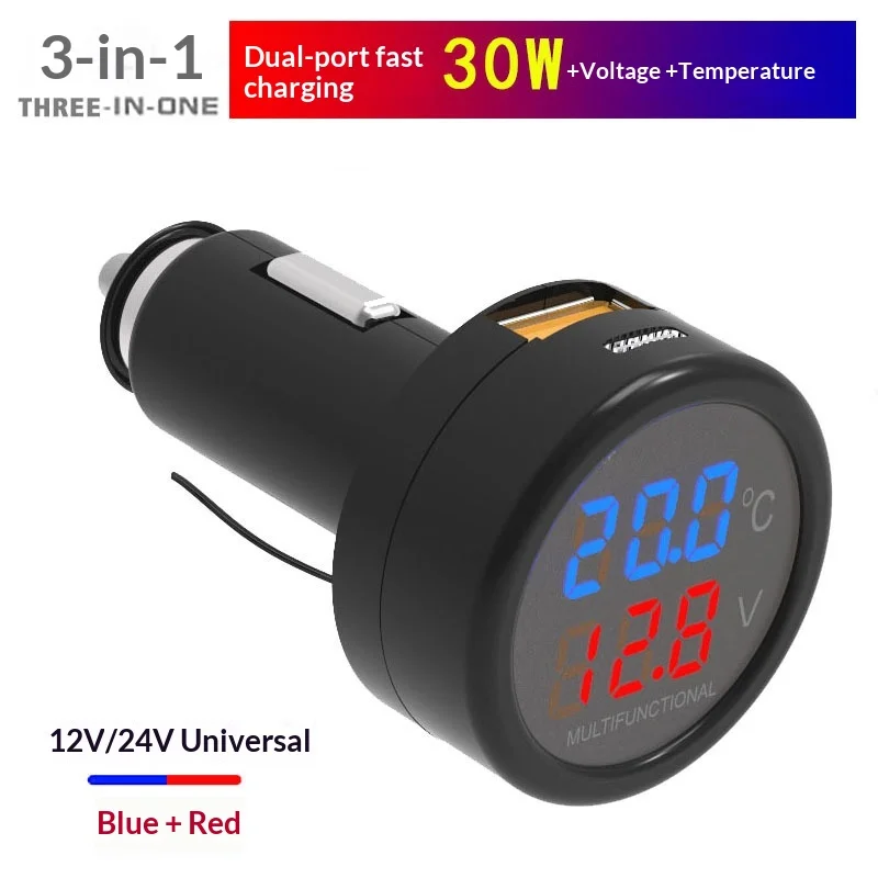 Universal Dual USB Car Charger with Digital Voltmeter & Thermometer - 2-in-1 Battery Monitor