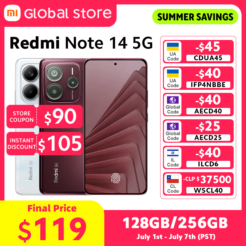  New Xiaomi Redmi Note 14 5G Smartphone Global Version 8GB RAM MTK Dimensity 7025-Ultra 50MP Camera 45W Charging 6.67" 120Hz Dis