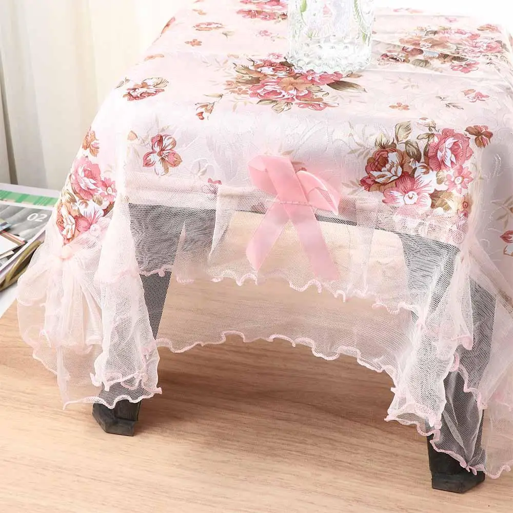Fashion Dust-proof Bedside Cabinet Lace Table Cloths Decoration Rectangular Table Cover Pink Flower