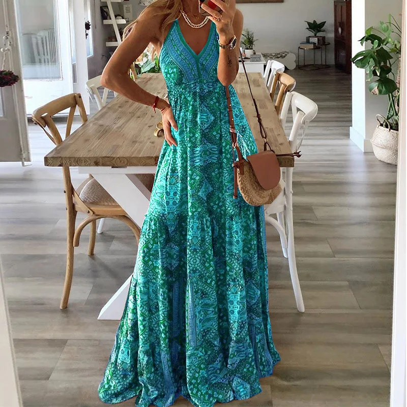 2024 Spaghetti Strap Dresses For Women Vintage Printed Bohemian Style Beach Dress Fashion Sexy V-neck Lady Maxi A-line Vestidos