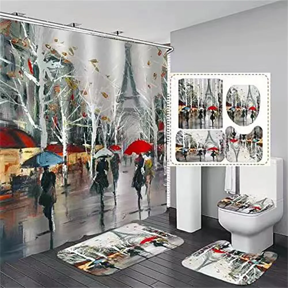 

Eiffel Tower Shower Curtain set in Paris Couples in autumn rain on the streets of France Eiffel Tower Shower Curtain set Decorat