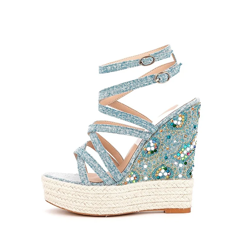 

Summer new waterproof platform slope heel denim strap sandals rhinestone high heel banquet dress versatile large women's shoes