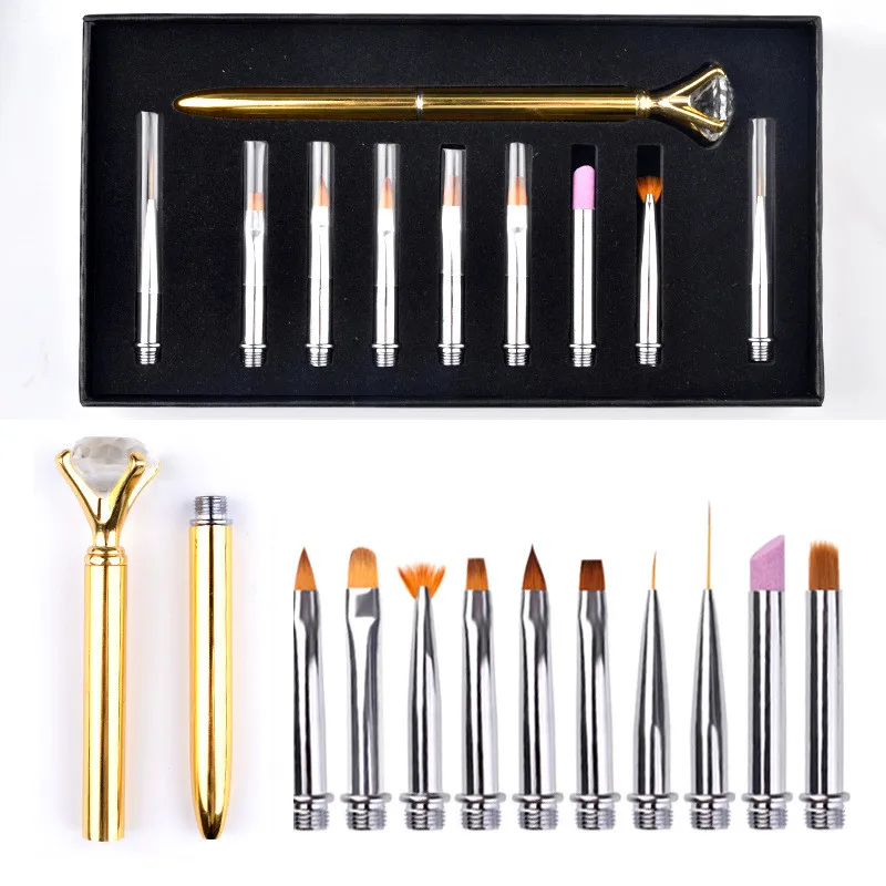 

10 In 1 Replace Head Detachable Nail Brush Pen Diamond Cuticle Flower Drawing Painting Liner Pen Manicure Design Bloom Brush