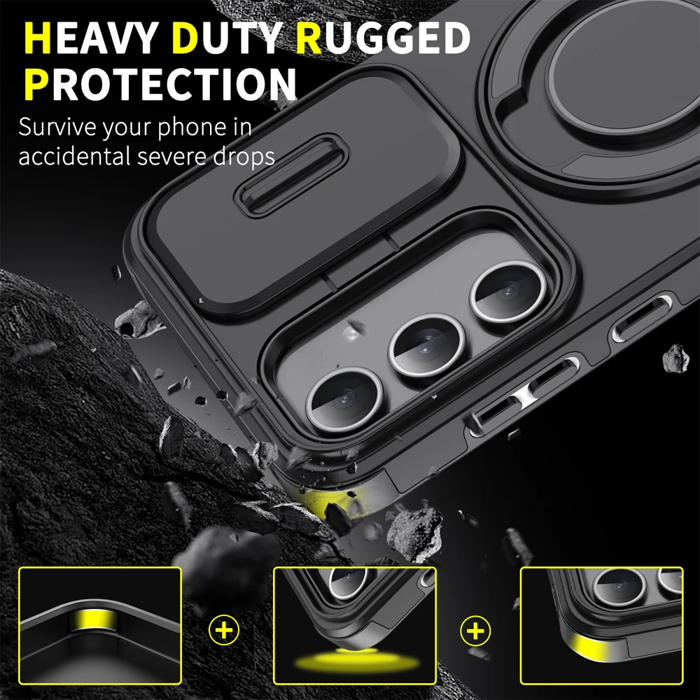 Magnetic Fold Stand Dual Layer Phone Case For Samsung Galaxy A55 A56 A36 A26 A54 A14 A35 A37 A57 A17 A16 A15 5G Slide Lens Cover 5