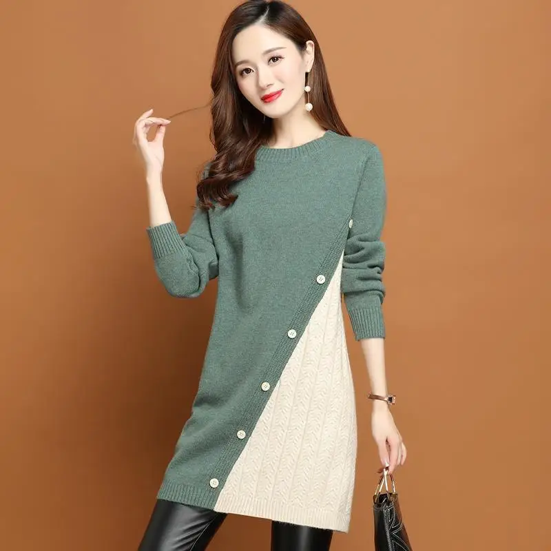 

Women's Sweater Autumn and Winter 2023 New Fashion Pullover Bottoming Top Color Mid-length Knitwear Trending Sweater Dress