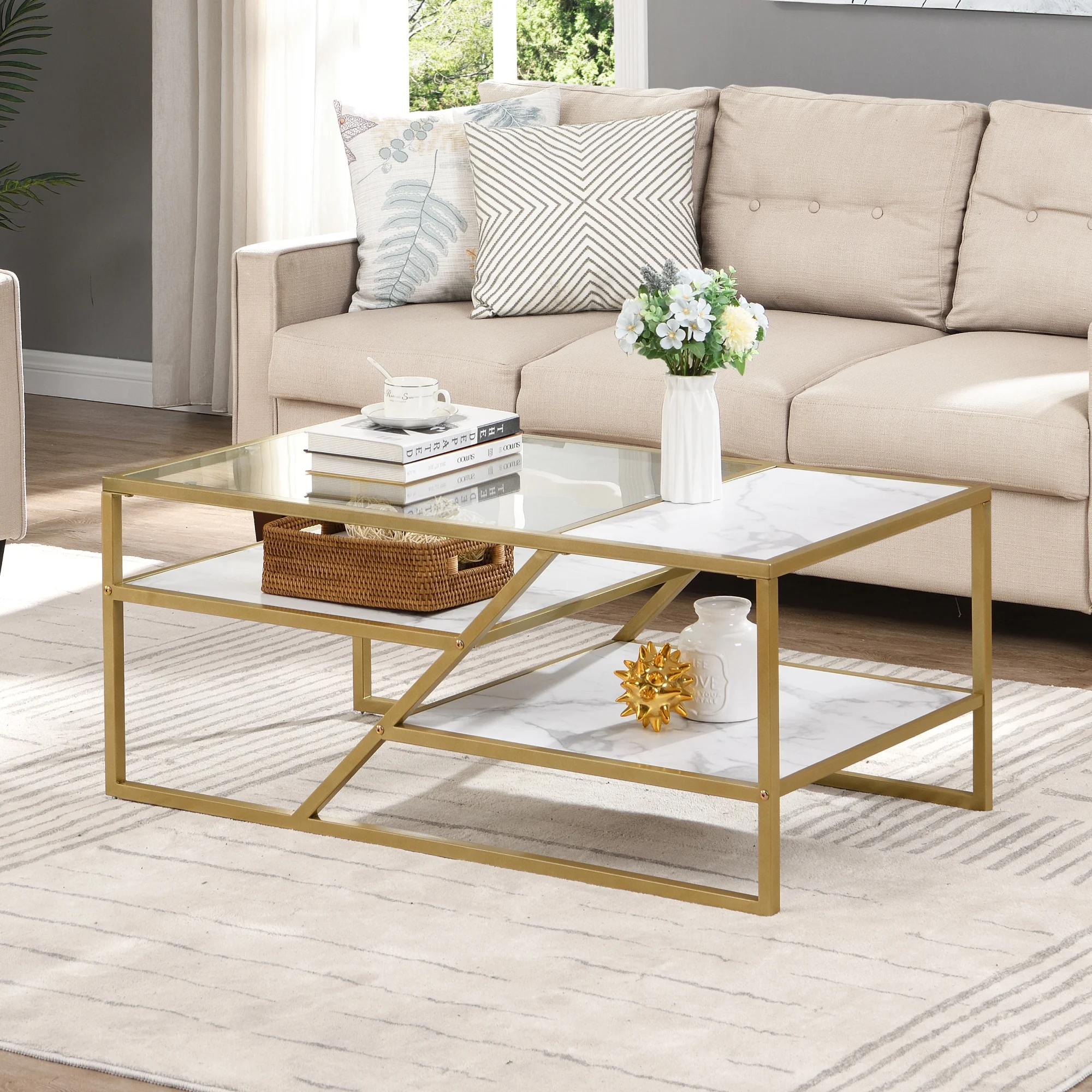 

[Flash Sale]Golden/Black Coffee Table with Storage Shelf Tempered Glass Center Table Metal Frame for Living Room&Bedroom[US-W]