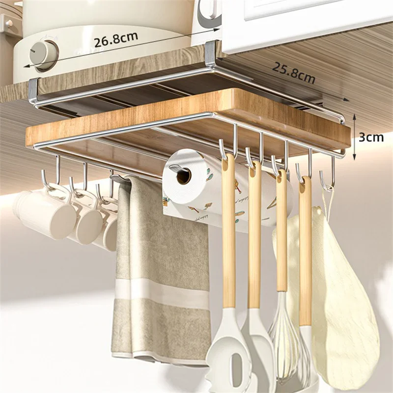 Stainless steel Kitchen Hanging Organizer Rack with Hooks Paper Towel Rag Hanging rack Cutting Board Pot Cover Storage Shelf 2