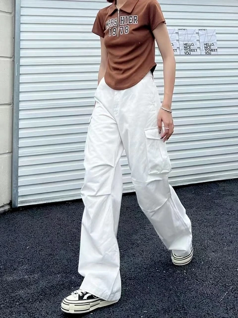 Houzhou American Retro White Cargo Pants Women Harajuku Style