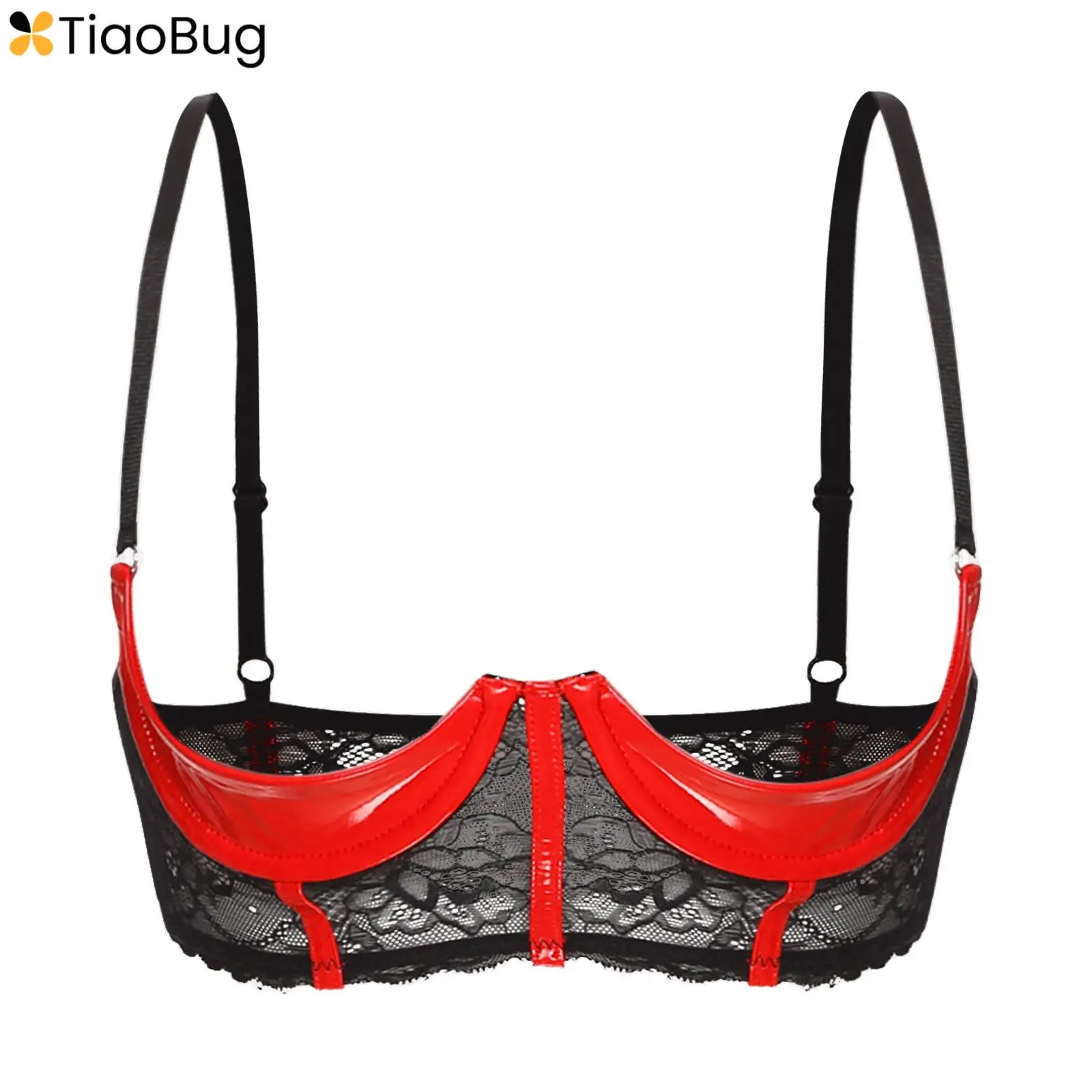 

Womens Lace Patent Leather Bra 1/3 Cup Underwired Adjustable Shoulder Straps Brassiere Push Up Bralette Lingerie Underwear