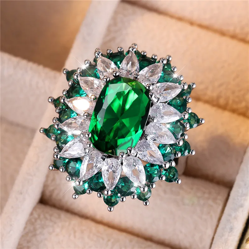 Cute Female Big Green Blue Adjustable Open Oval Ring Luxury Large Engagement Wedding Jewelry For Women