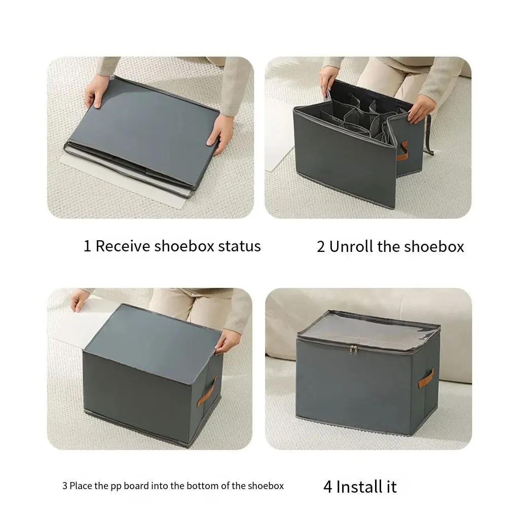 Fabric Shoe Organizer Foldable Shoe Storage Bin with Clear Lid Shoe Storage Box Adjustable Dividers for Sneakers Loafers Sandals 6