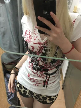 Estate Nuovo Coreano Punk Vintage Con Scollo A V Manica Corta Tee Slim Fit Stampa Grafica Grunge Magliette Streetwear Punk Top 2000s E-girls 1