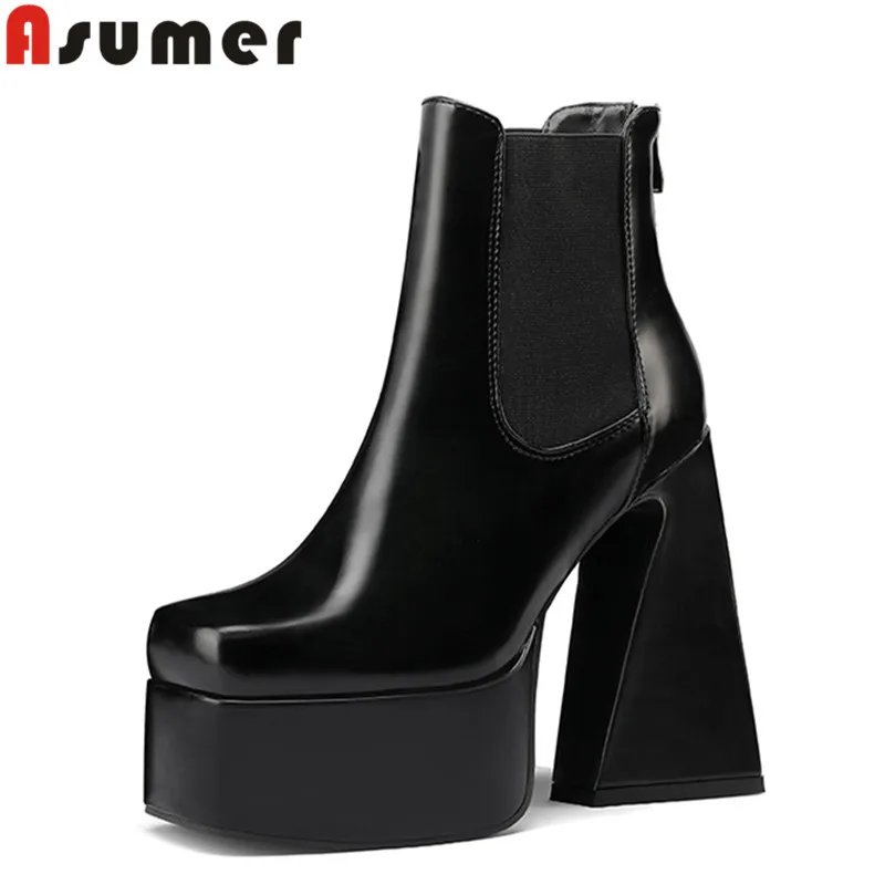 

ASUMER 2023 New Arrival Pu Zip Ankle Boots Street Style Western Boots Female Square High Heels Platform Woman Ankle Boots