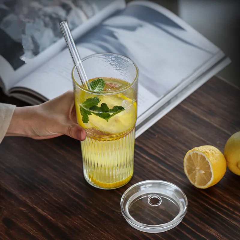 Glass Cup 600ml Ins Stripe With Lid and Straw Transparent Drinking Glasses