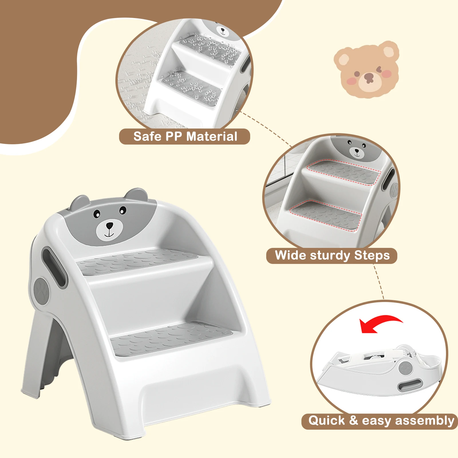 Klappbarer Tritthocker für Badezimmer, Kleinkind-Küchenhocker, verstellbarer 2-Tritthocker für Kinder, Toiletten-Töpfchen-Trainingshocker mit Griffen – Detail 3
