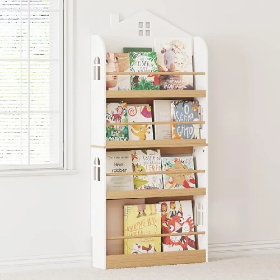 Bookshelf Wall Mounted 4-Tier Book Shelf Organizer Tall Wooden 's Bookcase Storage Book Rack for Room Nursery Bedroom Living Ro
