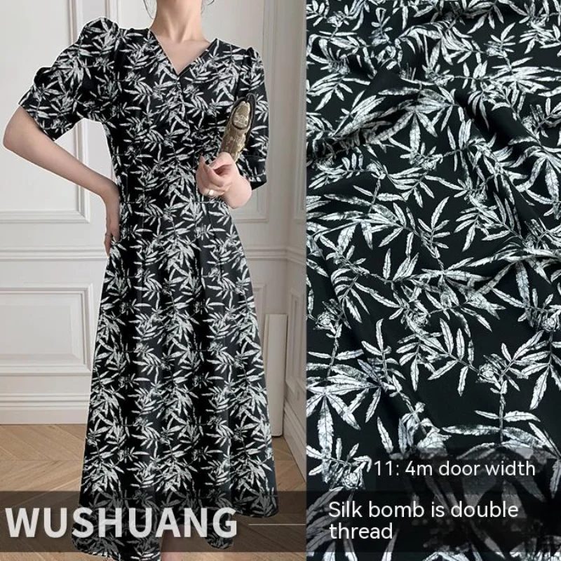 

Silk Stretch Crepe De Chine Fabric Leaf Print Dyed Spring Summer Smooth Draping Shirt Dress Designer Cloth Wholesale Fabrics