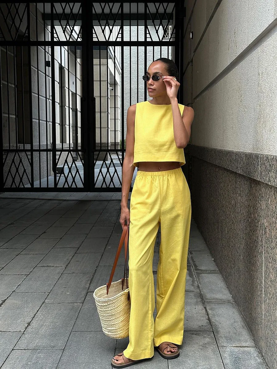 Summer Fashion 2 Piece-Set Women's Pants Sleeveless Cropped Vest Top And Wide Leg Trousers Sets Female Outfits Trousers
