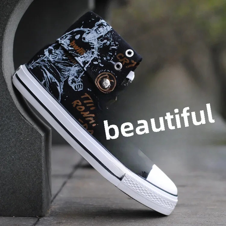 High-top Canva Men's Casual Shoes Korean Trendy Flat-bottom Rubber Sneakers Breathable Eva Insole F88 Black Round-toe Shoes