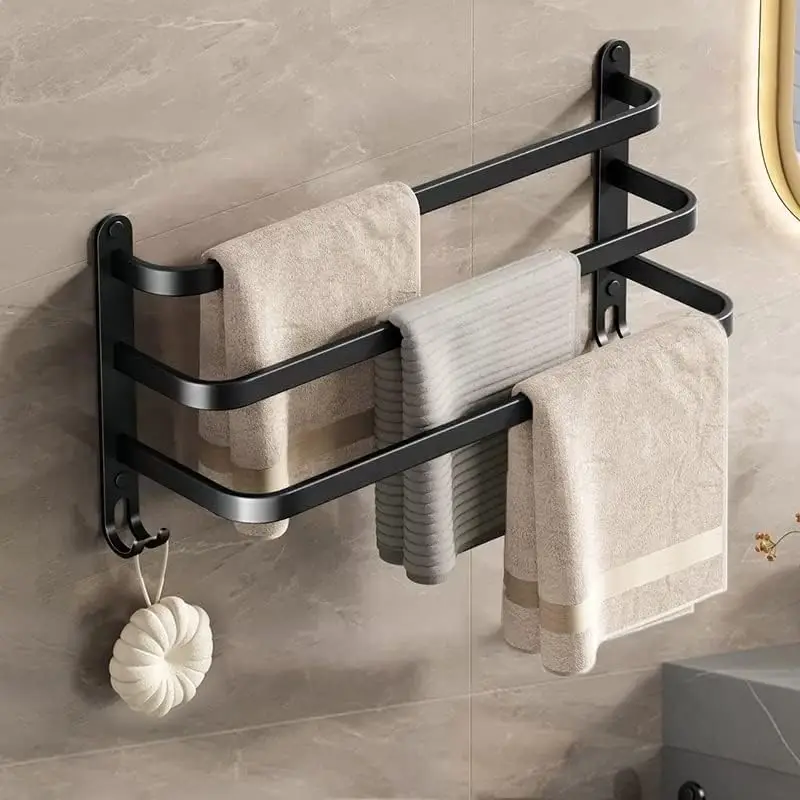 

Towel Holder Matt Aluminium Towel Rail No Drilling Required Wall Mounted Guest Towel Holder Bathroom Towel Holder with 2 Hooks