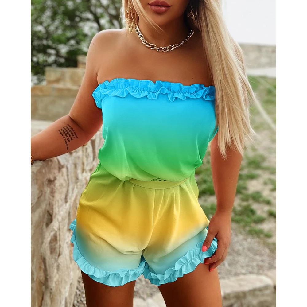 

2022 Summer Woman Casual Chic Ombre color Frill Hem Bandeau Sleeveless Above mini Vacation Romper