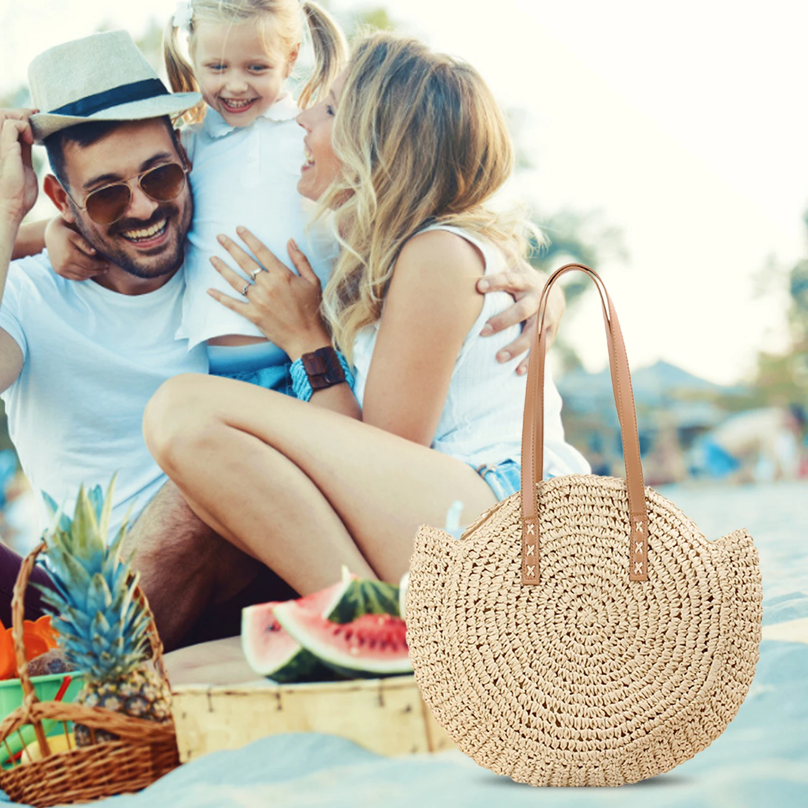 Summer Ladies Woven Tote Round Shopping Tote Bag Simple Large Capacity Handmade Fashion Casual Portable for Seaside Holiday