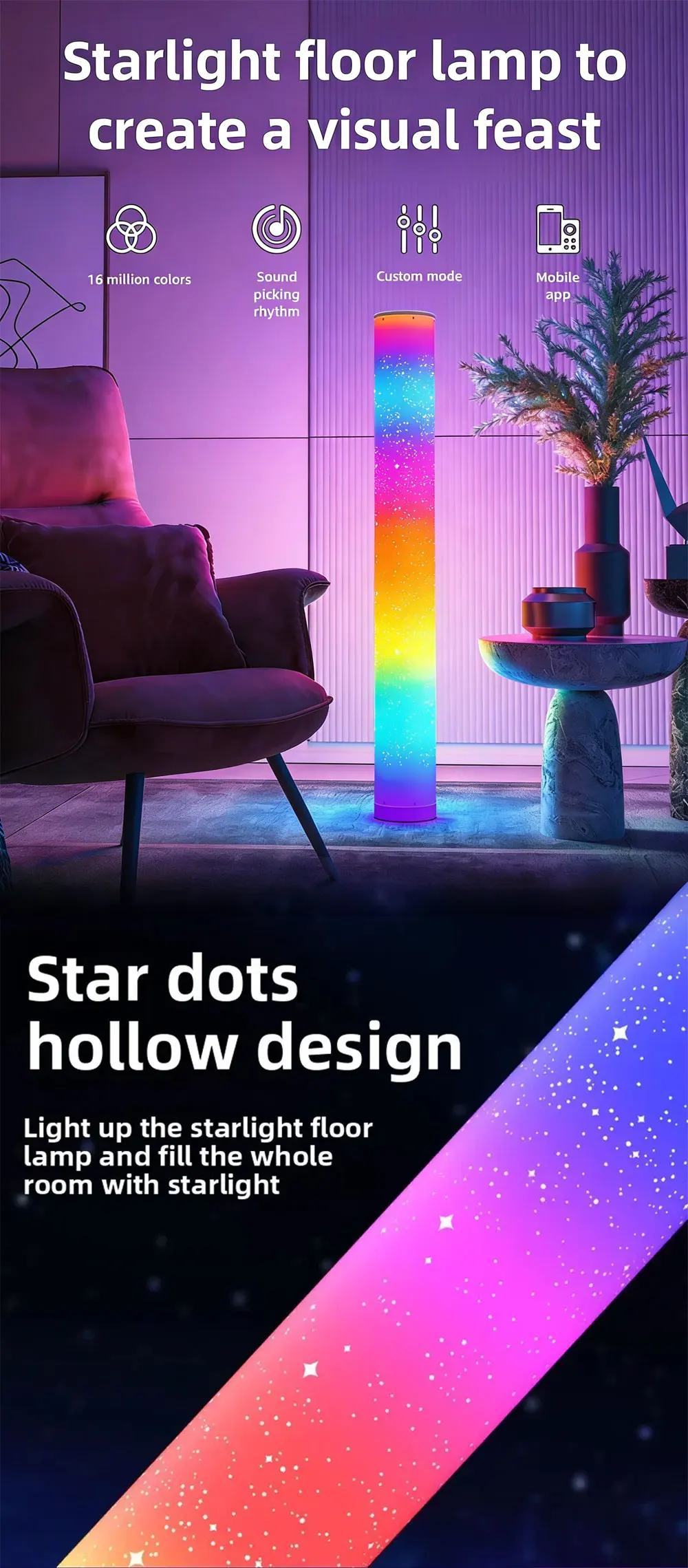 Portable RGB LED Cylindrical Floor Lamp – Music Sync Color Changing Aurora Star Ambient Light for Living Room, Bedroom & E-Sports Setup