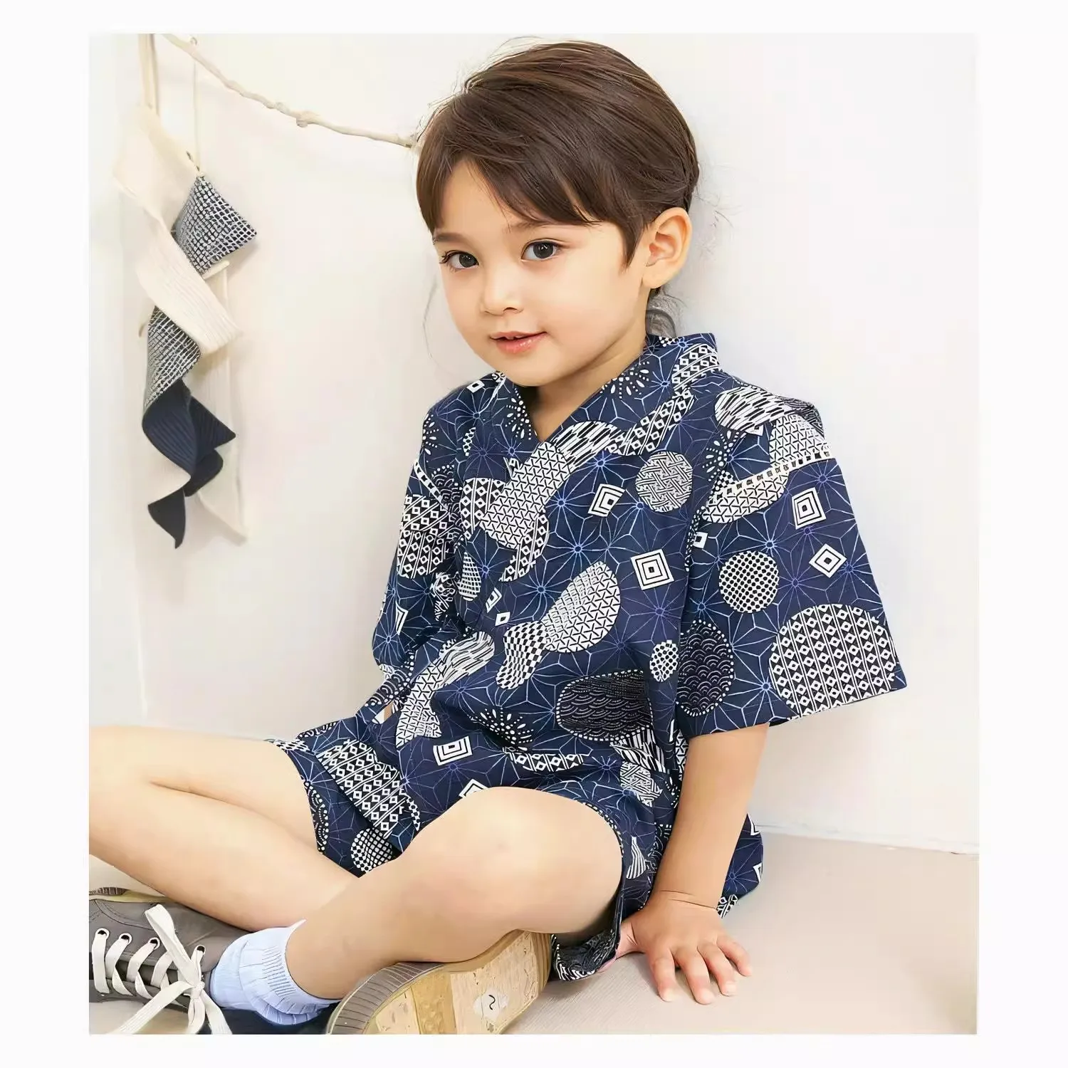 Boys' Japanese Jinbei Set-Cotton Yukata-style Pajamas with Tortoise Shell Pattern, Homewear & Sauna Outfit for Kids