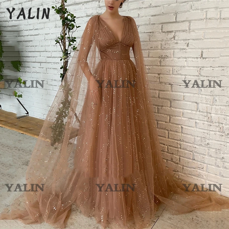 

YALIN Gorgeous Cap Sleeves V Neck Graduation Dress Floor Length Tulle Glitter Flowers A-Line Prom Dresses Custom vestidos 2022