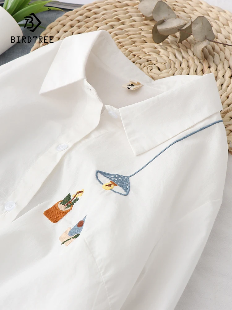 

Autumn New Women Cotton White Shirts Pendant Embroidery Full Sleeve Round Collar Loose Blouse Casual Tops Spring T36303JC