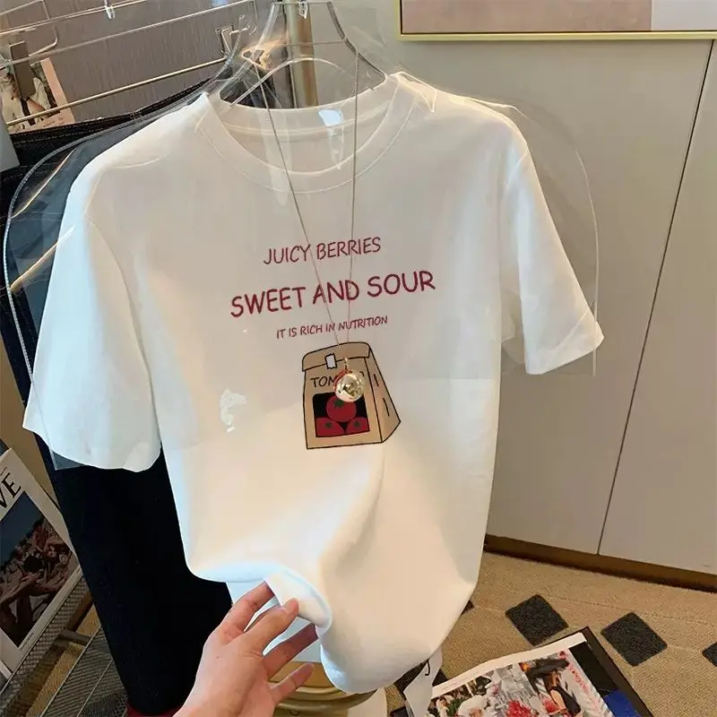 

Cotton Loose Large Size White T-shirt Women's All-match Half-sleeve Summer New Ins Printed Round Neck Slim-fit Short-sleeve Top