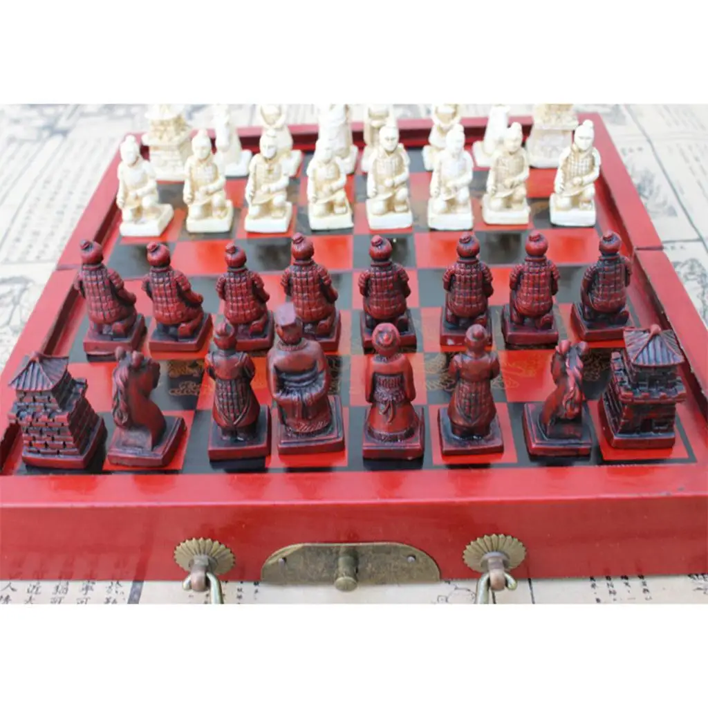 Foldable Vintage Chinese Chess Set Board Game Wood Chess Pieces Collectibles