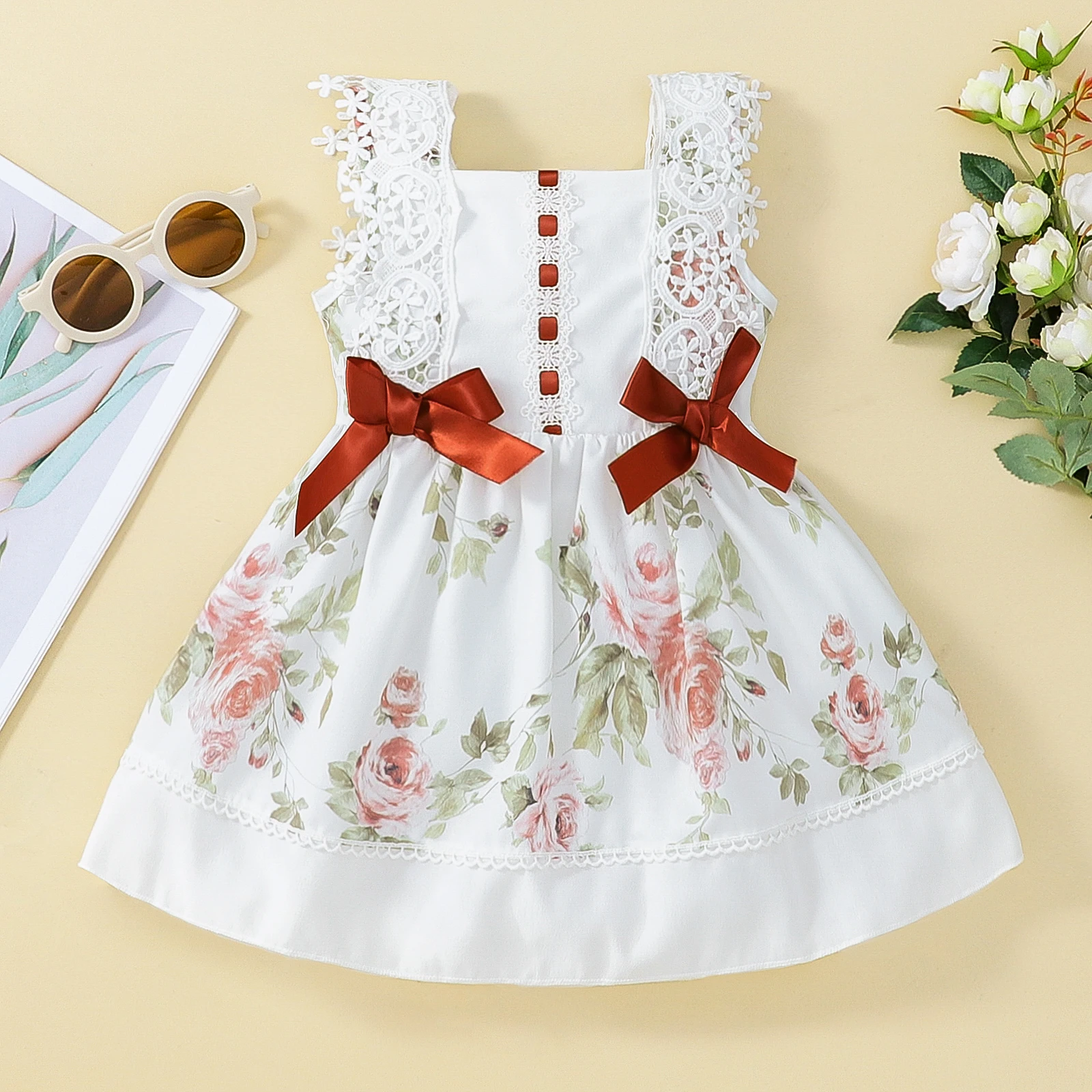 Kids Girls Casual Sleeveless Dress Floral Print Lace Trim Summer