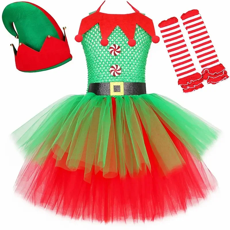 thumbnail image 1 of Disfraz de elfo navideño para niñas, conjunto de ropa navideña elegante para niños, vestido de tul con tutú de malla verde y rojo para fiesta de Navidad para niños, con gorro y calcetines, 1 of 5