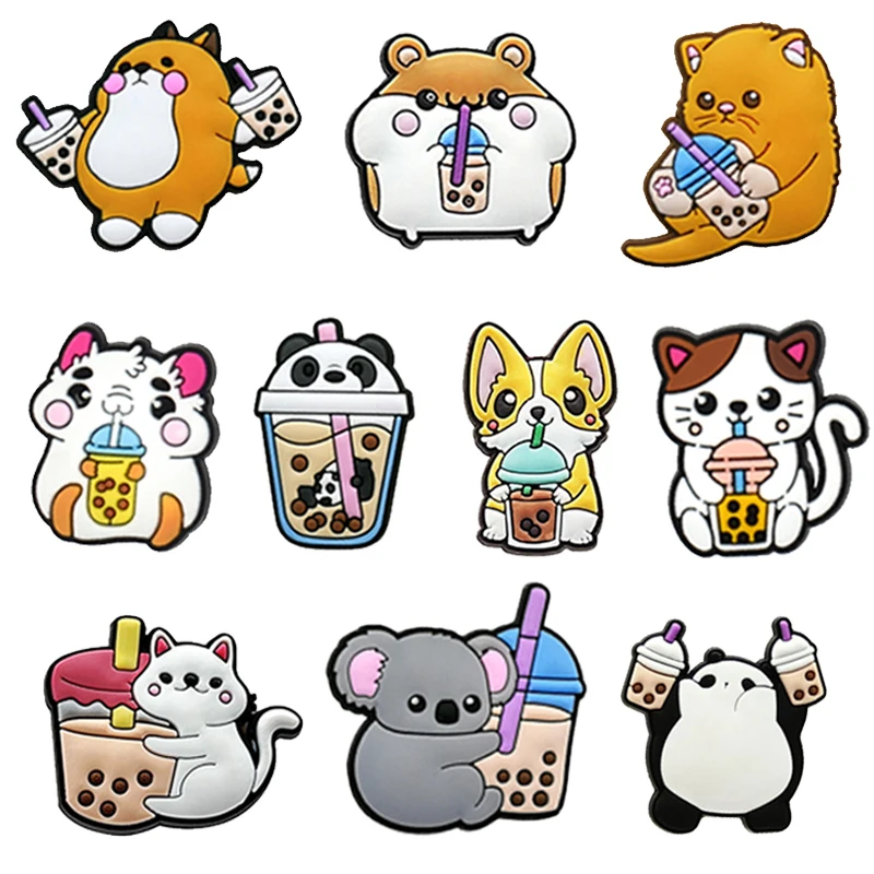 

Hot Sale 1 Pcs Cute Milk tea Cat Shoe Charms for Croc Accessories Sandals Decorations Pins Kids Women Favor Gift