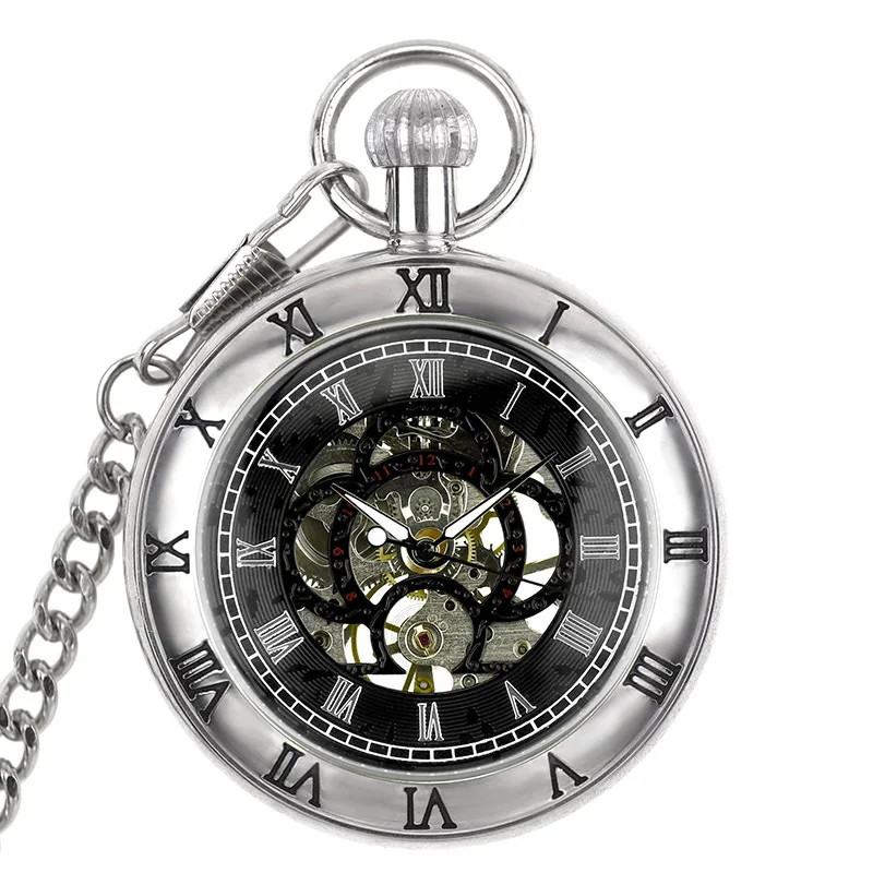 

Antique Style Double Roman Number Diail Silver Tone Case Men's Hand Wind Mechanical Pocket Watch With FOB Chain Nice Xmas Gift