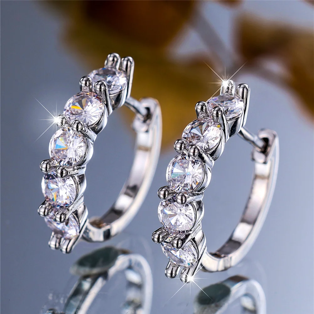 Crystal White Zircon Stone Round Hoop Earrings For Women Fashion Female Silver Color Wedding Jewelry