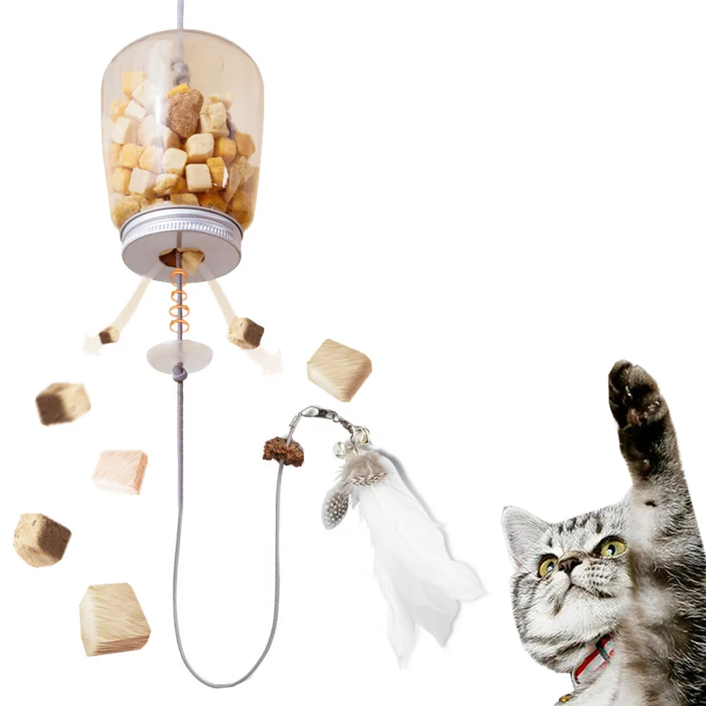 

Cat Toy Interactive Cats Leak Food Feather with Bell Hanging Door Scratch Rope Pets Food Feeder Dispenser Toys for Cats Scratch